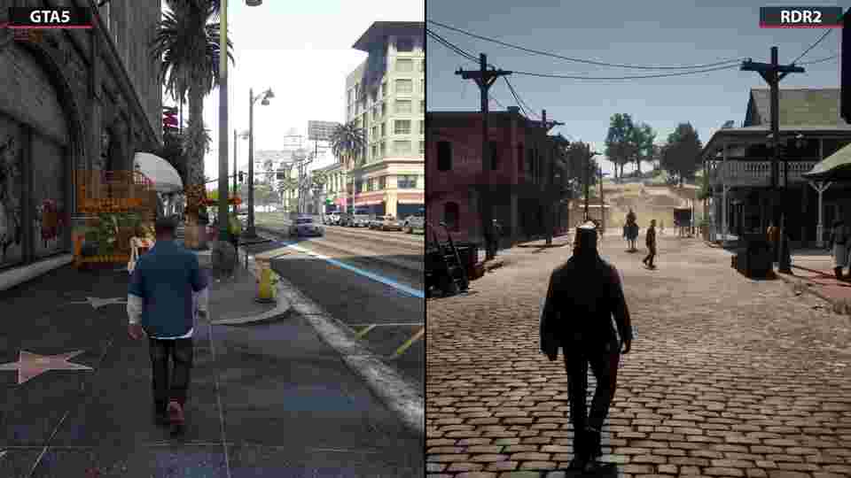 画面对比视频：《GTA5》vs《荒野大镖客2》