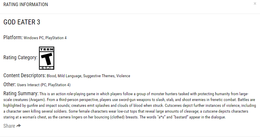 小白测评：《噬神者3》被ESRB评为T级 有女性胸部摇晃的镜头