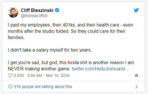 游戏设计师Cliff Bleszinski发表声明将不在从事游戏制作