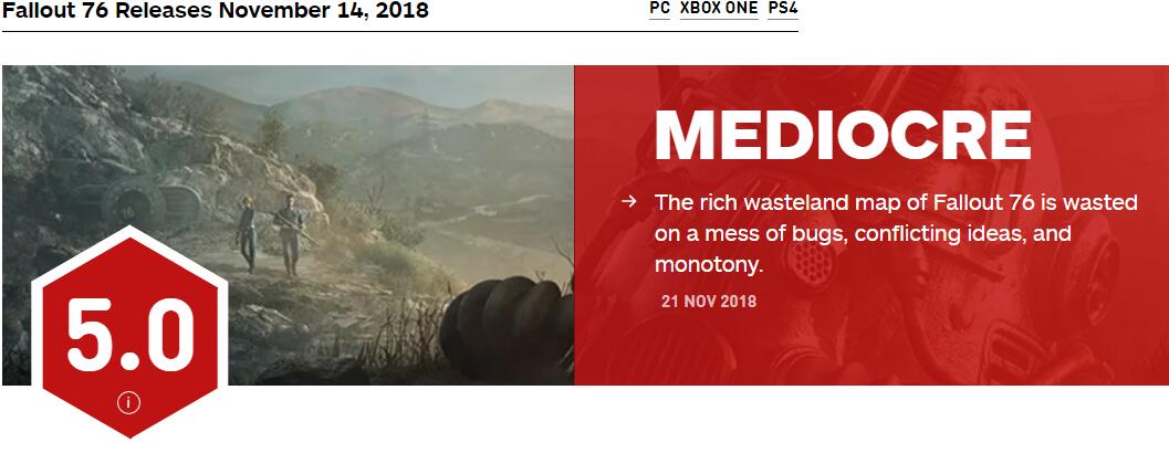 “游戏百科：《辐射76》IGN评分5.0表现尴尬 自我矛盾略显乏味